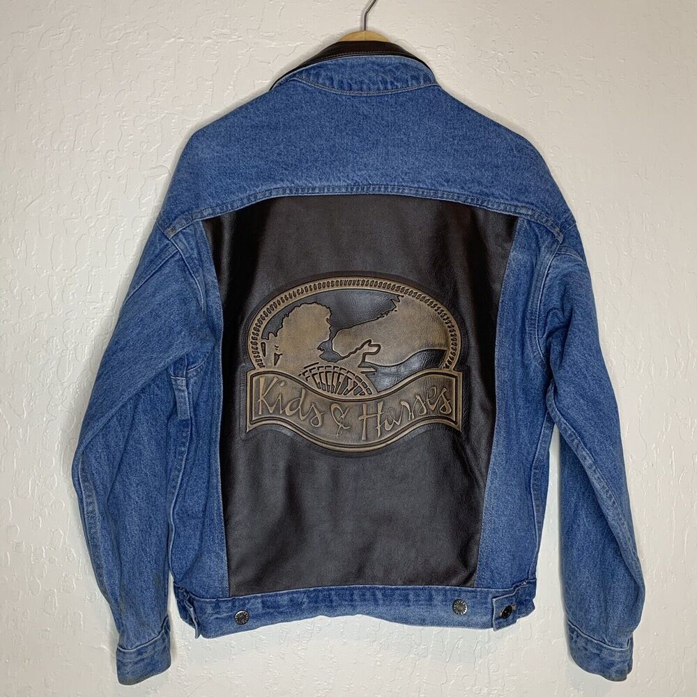 Vintage Tyca A Of M Kids And Horses Leather Back Denim Jacket Mens Size Small